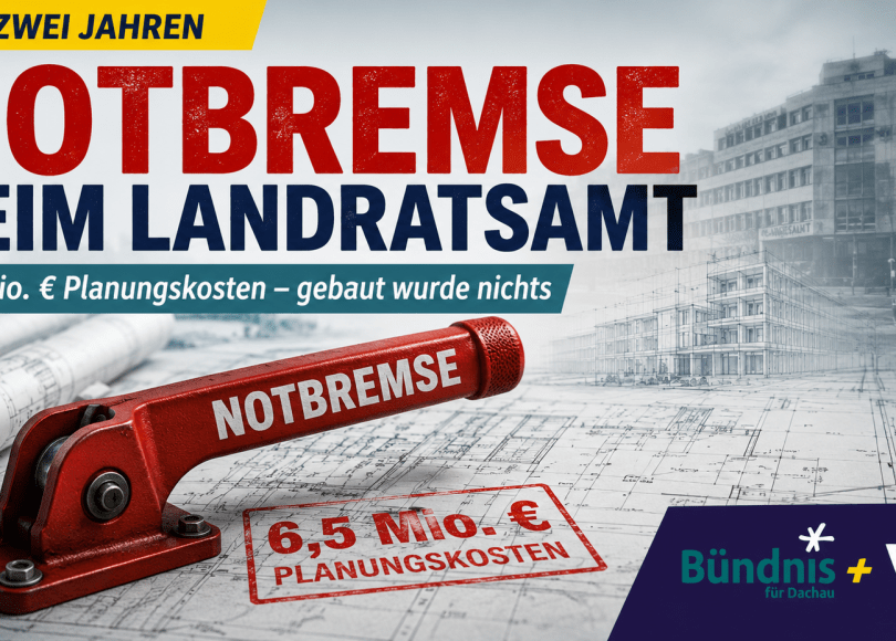 Rote Notbremse auf Bauplänen mit dem Hinweis: Vor zwei Jahren stoppte der Kreistag den Neubau des Landratsamts. 6,5 Millionen Euro Planungskosten, gebaut wurde nichts.