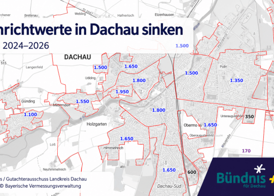 Karte der Bodenrichtwerte in Dachau zum Vergleich 2024 und 2026