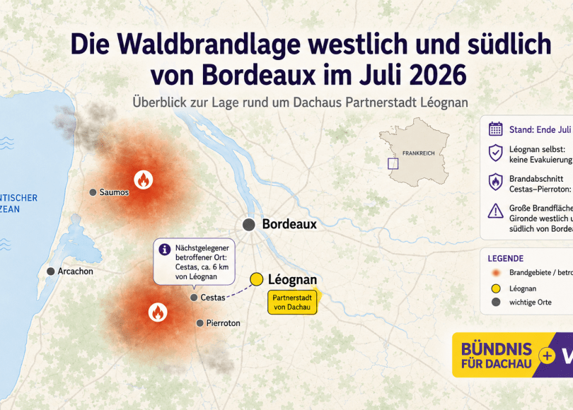 Karte der Waldbrandlage westlich und südlich von Bordeaux im Juli 2026 mit Léognan, Cestas, Pierroton und Saumos
