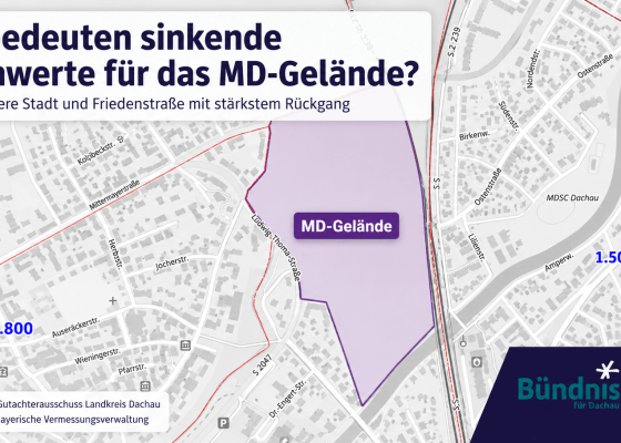 Karte des MD-Geländes in Dachau mit den benachbarten Bodenrichtwerten 1.800 und 1.500 Euro pro Quadratmeter