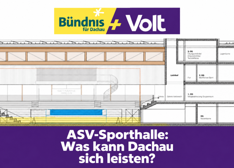 Schnittzeichnung des Entwurfs der Schul- und ASV-Sporthalle mit der Überschrift „ASV-Sporthalle: Was kann Dachau sich leisten?“ und dem Logo Bündnis für Dachau + Volt.