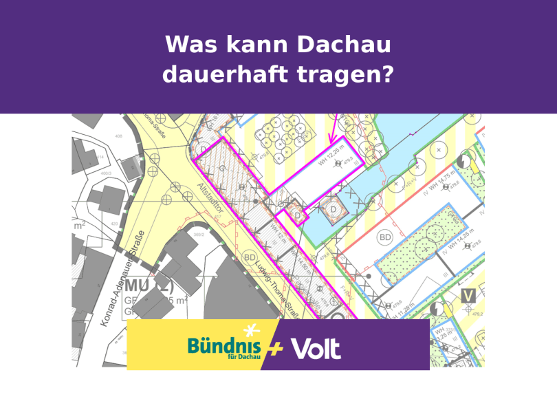 Planausschnitt des MD-Geländes in Dachau mit markiertem Bereich der geplanten Ideenfabrik. Bildüberschrift: „Was kann Dachau dauerhaft tragen?“ Darunter das Logo von Bündnis für Dachau + Volt.