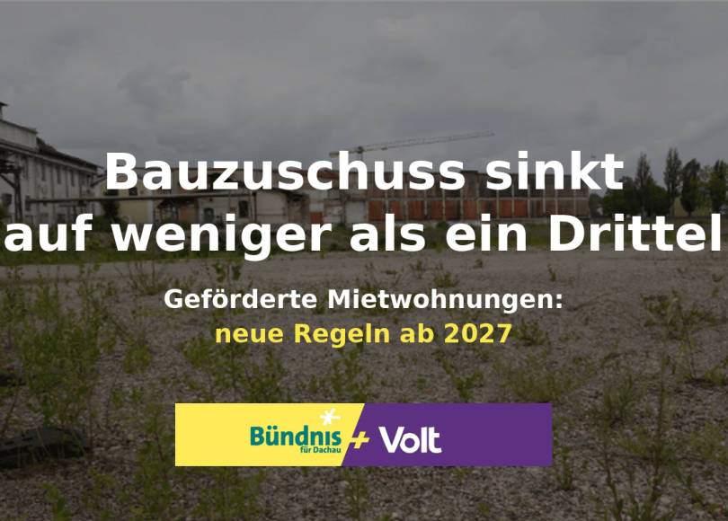 Für die WordPress-Mediathek: Alternativtext: MD-Gelände in Dachau mit ehemaligen Fabrikgebäuden. Bildtext: „Bauzuschuss sinkt auf weniger als ein Drittel. Geförderte Mietwohnungen: neue Regeln ab 2027.“