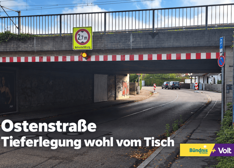 Alternativtext: Bahnunterführung in der Dachauer Ostenstraße mit Höhenbegrenzung auf 2,7 Meter. Bildtext: „Ostenstraße – Tieferlegung wohl vom Tisch“. Logo Bündnis für Dachau + Volt.